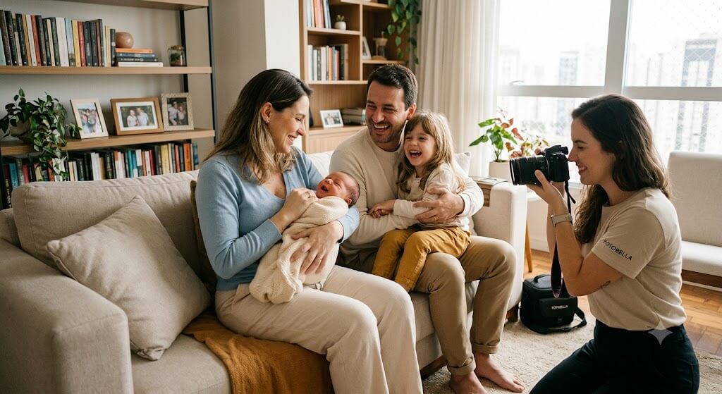 "Sessão de fotografia de família profissional Fotobella com recém-nascido no sofá"